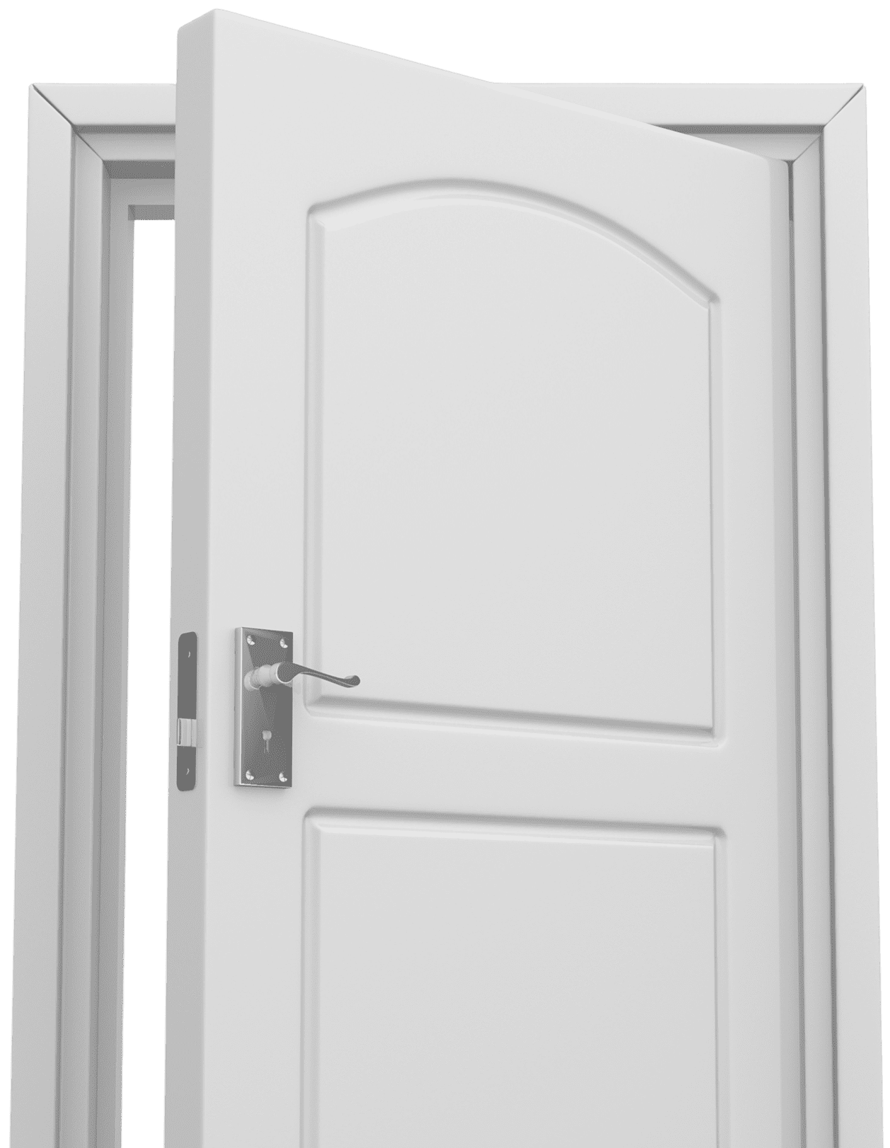 White door slightly open against black background.
